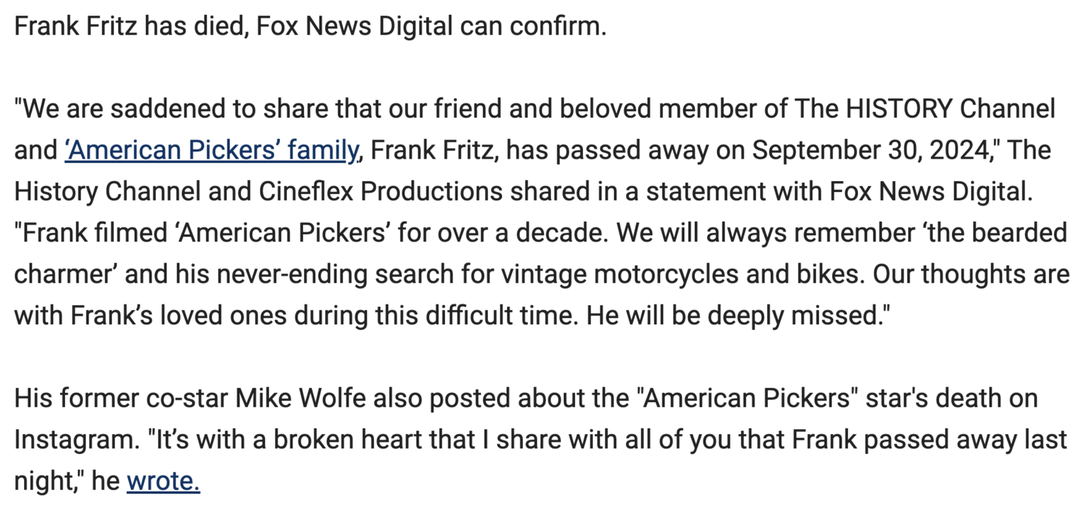 Frank Fritz of American Pickers, reportedly dead at 60, just before the